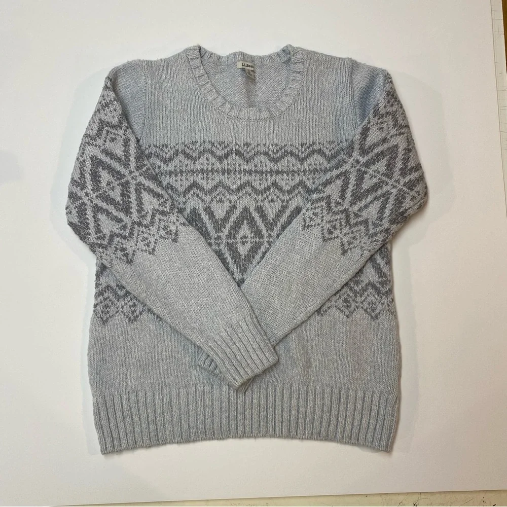 LL‎ BEAN CREW NECK SWEATER GREY 100% COTTON - SMALL PETITE FAIR ISLE COTTAGECORE